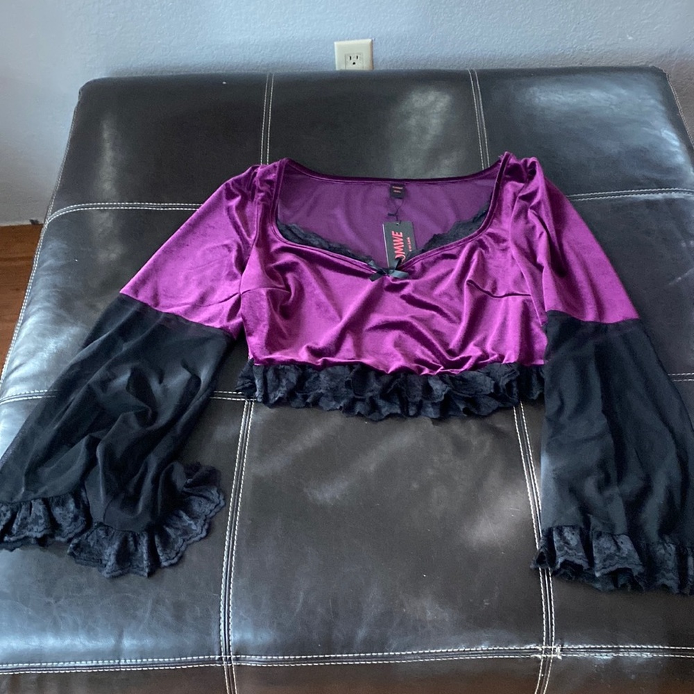 Purple velour top, lace bell sleeve